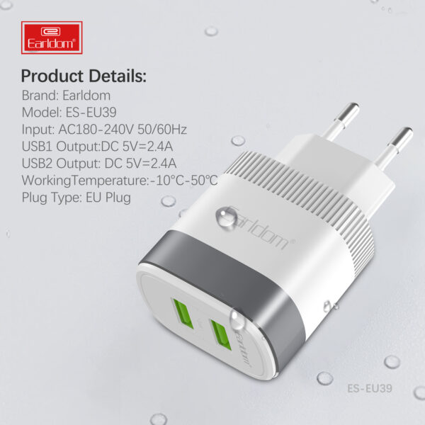 Dual USB Wall Charger (5V/2.4A × 2) | Safe, Travel EU Plug Adapter - Image 3