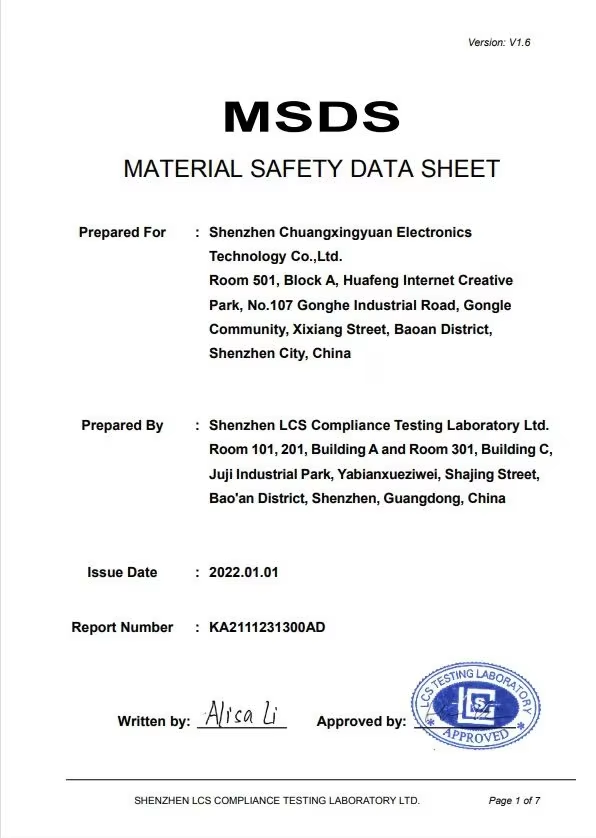 Lithium-ion Battery (18650) MSDS Report